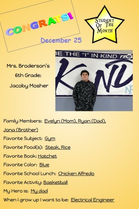 Congratulations to our December Middle School Students of the Month!