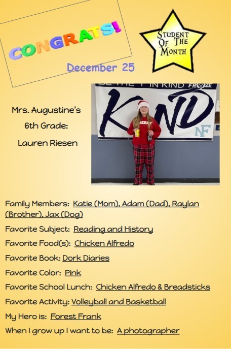 Congratulations to our December Middle School Students of the Month!