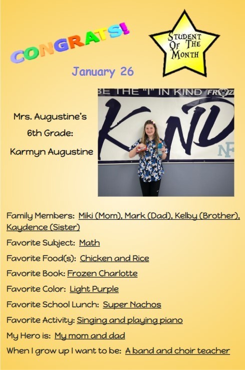 Congratulations to the January Students of the Month for Middle School!