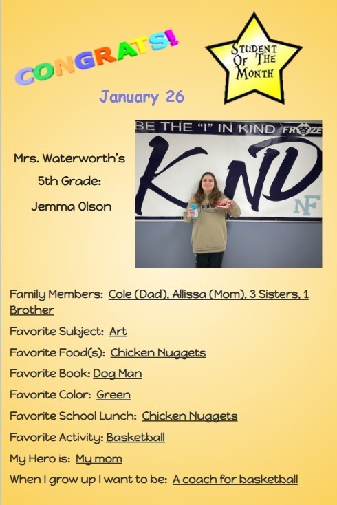 Congratulations to the January Students of the Month for Middle School!
