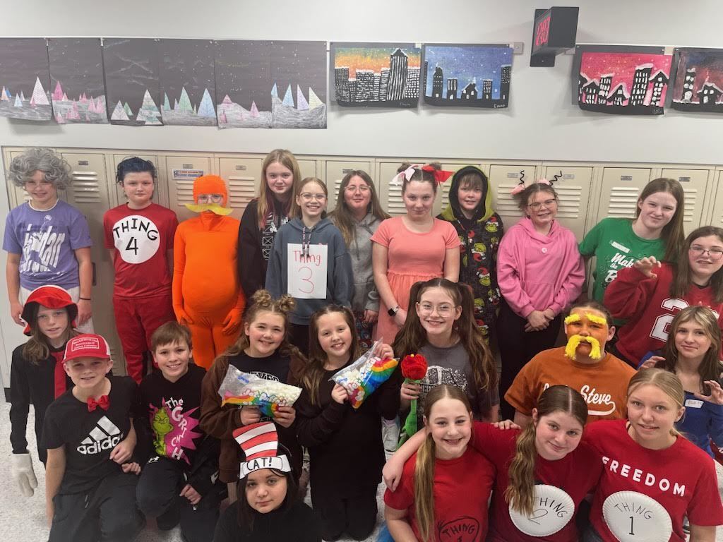 Middle School has dress up days for I love to read month! Yesterday (2/9) was Character Day and today (2/10) was Dr. Seuss Day. 