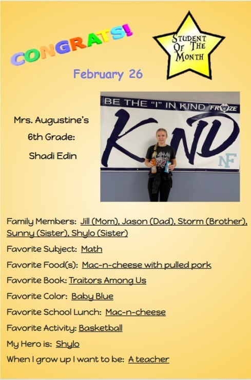 Congratulations to the February Students of the Month for Middle School!