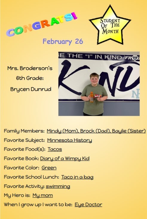 Congratulations to the February Students of the Month for Middle School!