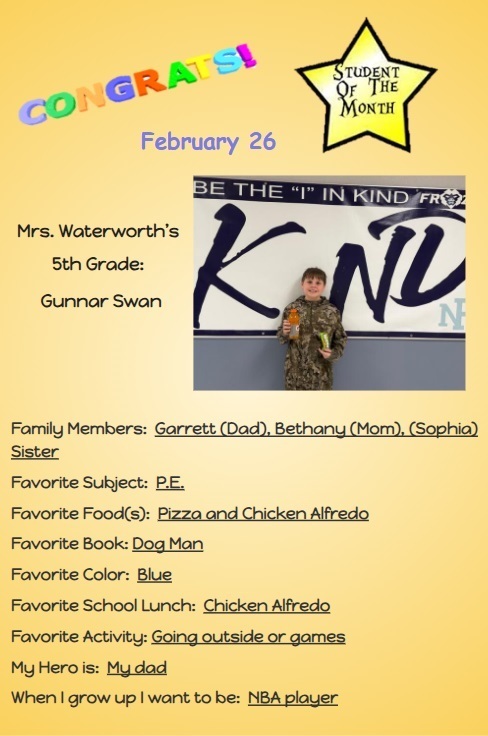 Congratulations to the February Students of the Month for Middle School!