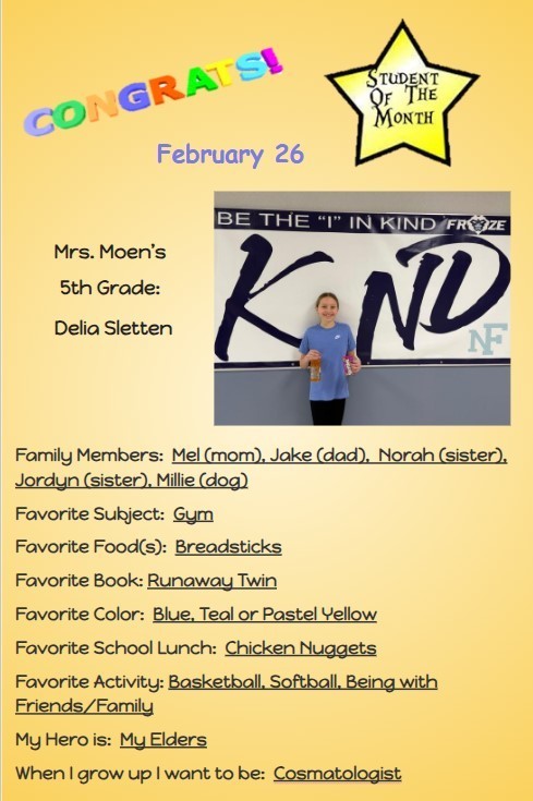 Congratulations to the February Students of the Month for Middle School!