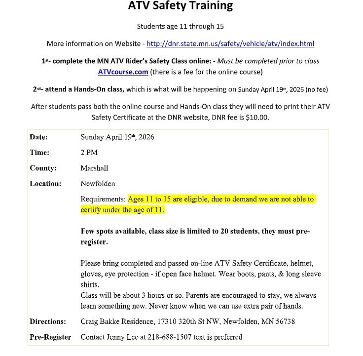 ATV Safety Training - Sunday April 19th