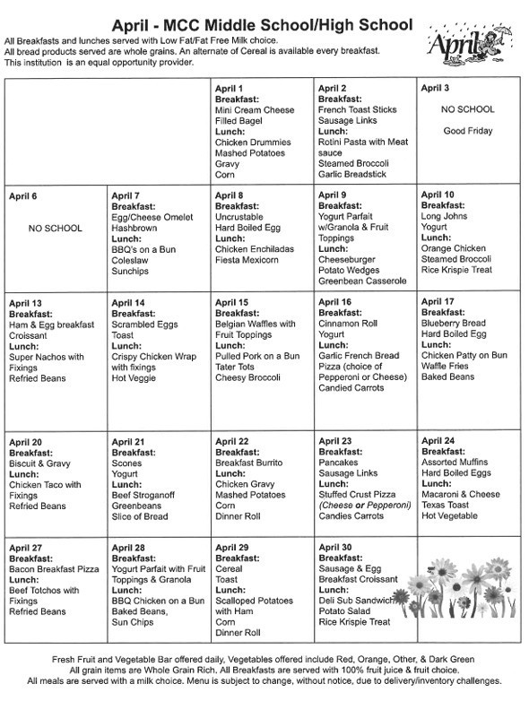 April Menu  HS/MS