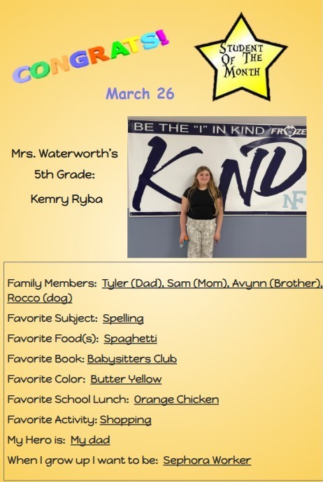 March Middle School Students of the Month! Congratulations to all!