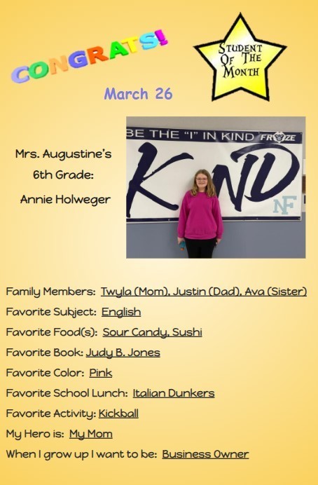 March Middle School Students of the Month! Congratulations to all!