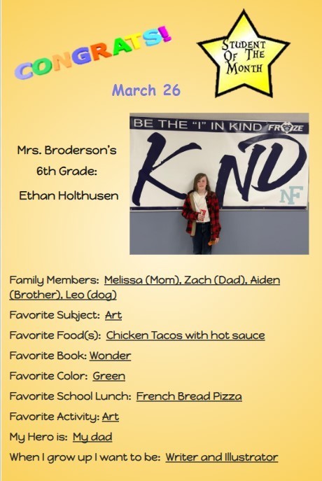 March Middle School Students of the Month! Congratulations to all!