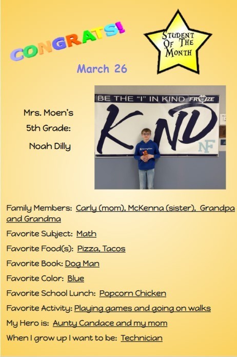 March Middle School Students of the Month! Congratulations to all!