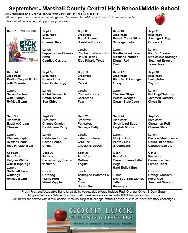 Welcome to the New School Year! September Menu for Middle School and High School