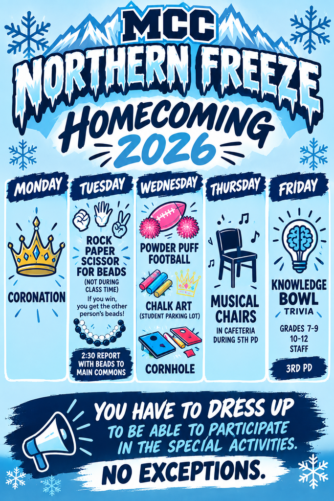 Dress Up Days for Homecoming Week September 14-18th along with activities taking place throughout the week! Coronation will be held on Monday, September 14th starting around 8:50 in the High School Main Gymnasium public is welcome to attend