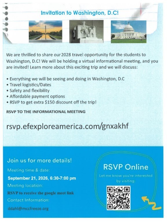 Reminder for tonight's DC Trip 2028 informational meeting - this is a zoom meeting but if you want to attend in person please come to Mr. Dahls room at 6:30 p.m. Hope to see you there!