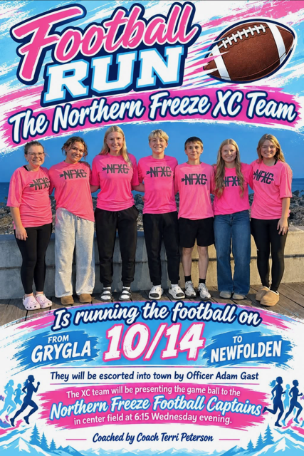 Lots happening in Newfolden tonight!! Our Cross Country Team will be running from Grygla to Newfolden and handing off the football to the captains at center field at 6:15 p.m. led by senior Brooke Bjorgaard! Come hungry as the MCC Ed Foundation is sponsoring a tailgate supper from 5-7:00 p.m. Parents night will start at 6:40 announcing 7th-11th parents and players before the game, along with 7th-12th girls who participated in flag football last spring. During halftime seniors and their parents will be announced and recognized. We are also having Pink Night - 50/50, bracelets, autographed football helmets and volleyballs up for sale along with "kick for cancer" halftime fundraiser. All proceeds raised tonight will go to Meggan Brandon our Newfolden Elementary Head Cook who is battling breast cancer. Come out and support all these great causes and athletes! See you tonight! #GoFreeze!  