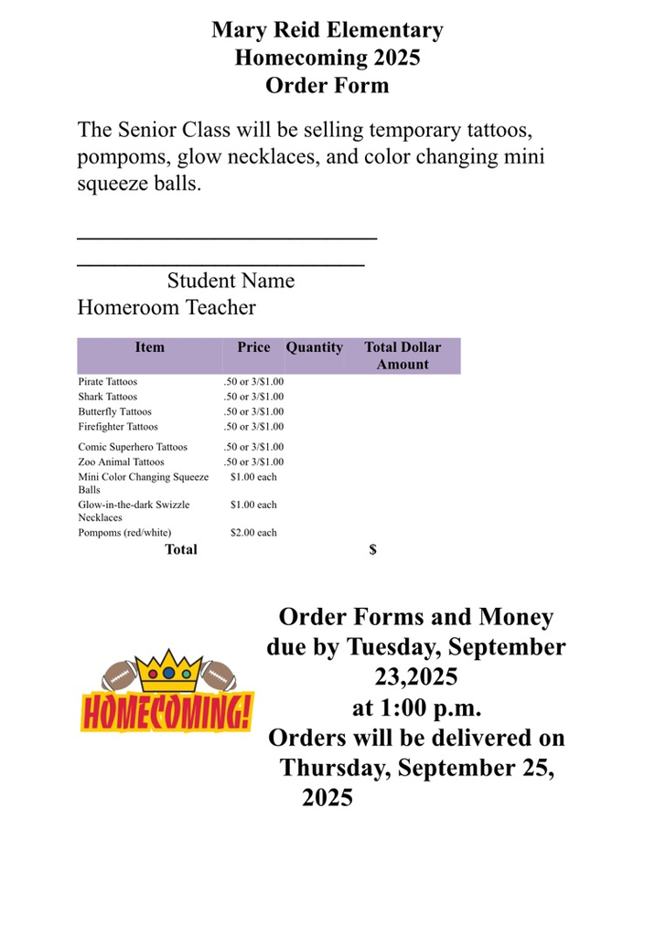 Homecoming Order Form