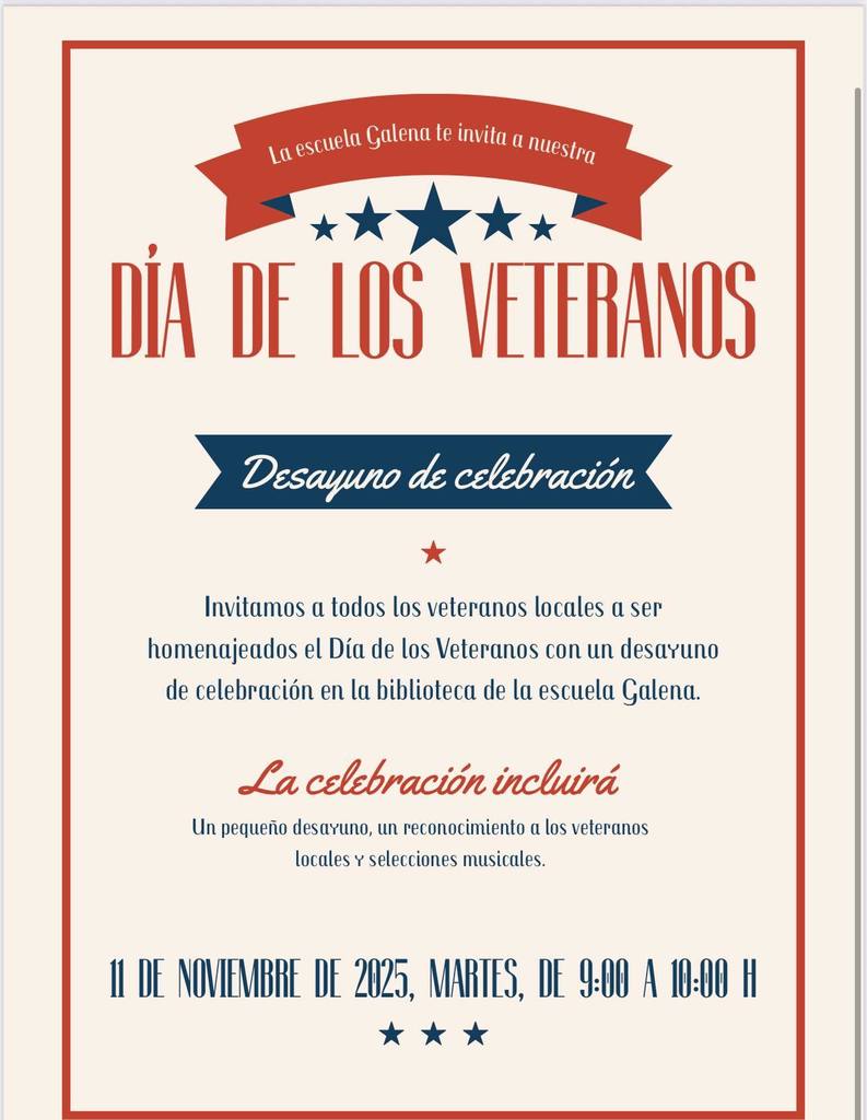¡Veteranos, acompáñenos en la biblioteca de la escuela Galena para una celebración!