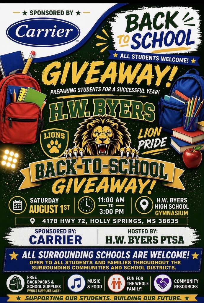 Join us today, August 1,  from 11:00 a.m. to 3:00 p.m. for the Back-to-School Giveaway, sponsored by the H. W. Byers PTSA and Carrier. The event will be held in the H. W. Byers High School Gym. We hope to see you there!