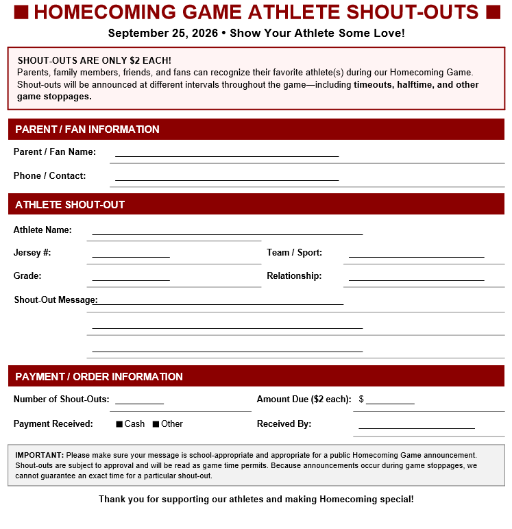 Homecoming Game Athlete Shout-Outs