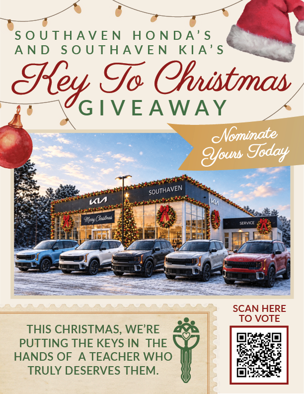 Know a deserving Marshall County School District teacher who goes above and beyond? Nominate them for Southaven Kia's Keys to Christmas Giveaway at southavenkia.com/keys-to-christmas-giveaway or scan the flyer's QR code, and be sure to share this with our district parents and staff to show our educators some love!