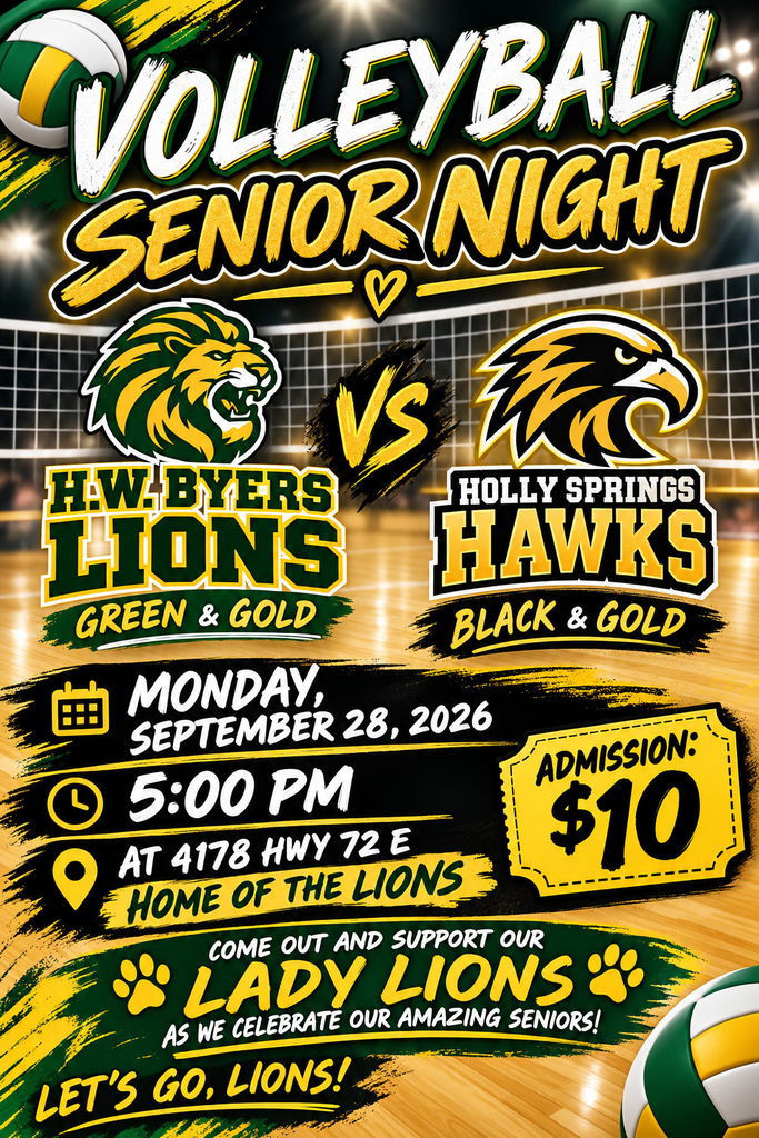 Volleyball Senior Night September 28, 2026 at 5:00pm Admission $10