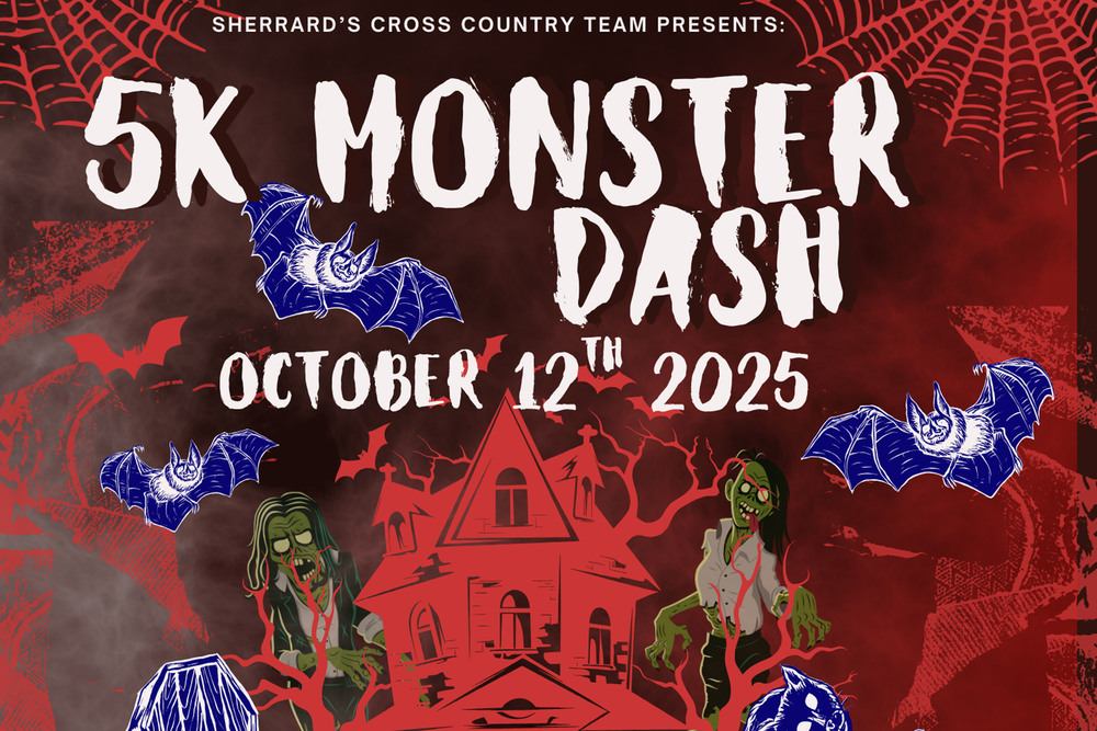 Spooky background with a castle and bats flying around a flyer that reads: The Sherrard Middle School Cross Country Team will host its inaugural 5K Monster Dash on Sunday, October 12, 2025. 