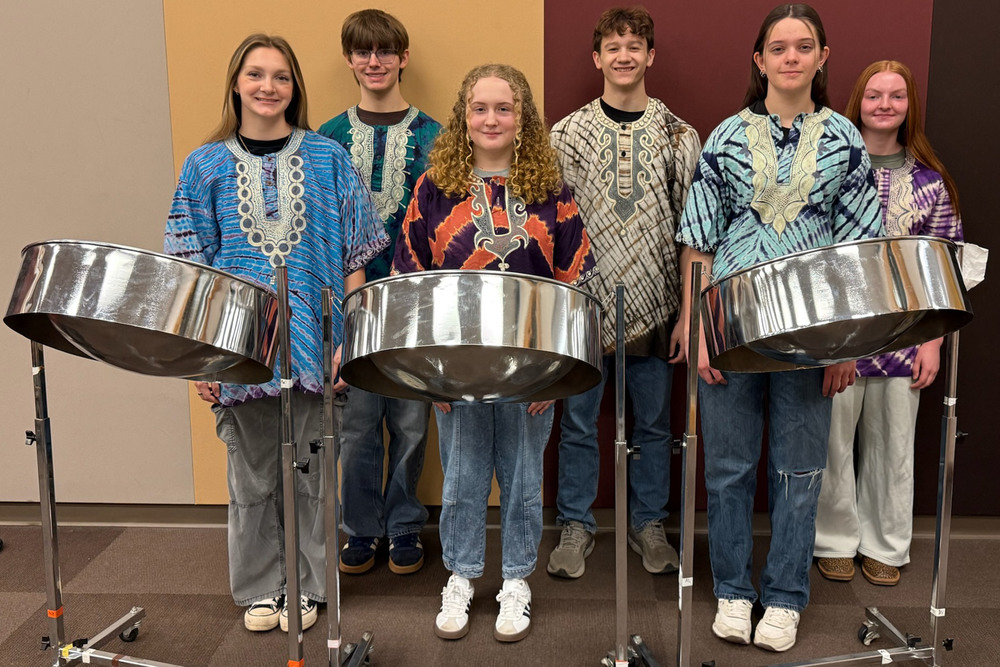 Pictured are six members of the JMHS Steel Drum Band. They are a few of the many pannists who will perform Saturday during the school’s Festival of Steel. Front row from left: Savannah Potts, Abby Allman and Alina Holliday. Back row: Blake Fritzman, Ezra Summers and Ella Riggle. 