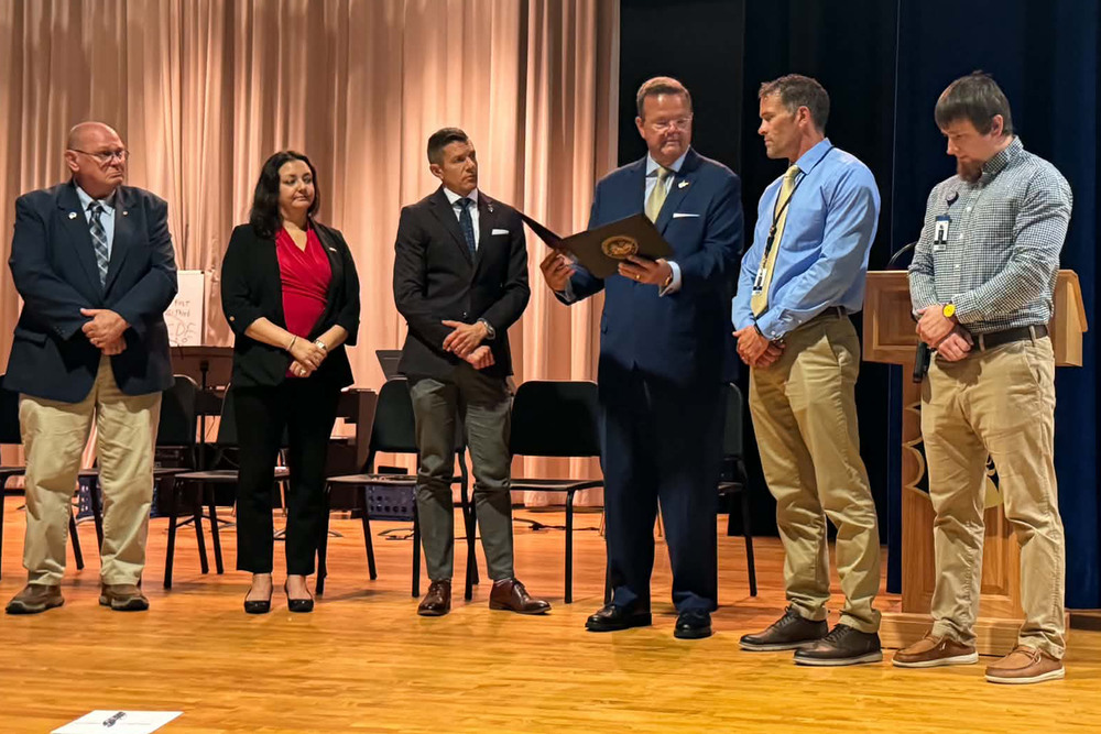 Pictured from left: WV Delegate Charles Sheedy Sr. (R - Marshall), WV State Senator Laura Wakim Chapman (R – Ohio), WV State Senator Ryan Weld (R - Brooke), Cameron High School Head Principal Wyatt O’Neil, WV Secretary of State Kris Warner and Cameron High School Social Studies Department Chair/History teacher Jake Zirkle.