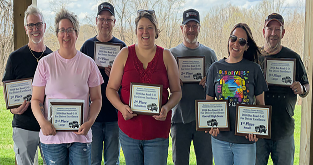Pictured are the Marshall County Schools Transportation Department’s 2026 Road-E-O Winners. Front row from left: Ashley Becker, Ashley Huggins and Britta Hill. Back row: Wayne Nulph, Mark Miller, Terry Harding and Pat McConnell.