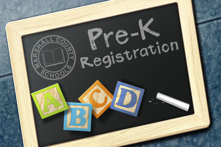 Marshall County Schools logo and Pre-K Registration written in white chalk with A, B, C, and D blocks.