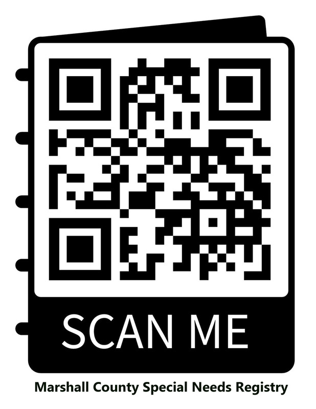 Black and white QR code with the text "SCAN ME" and "Marshall County Special Needs Registry" below.
