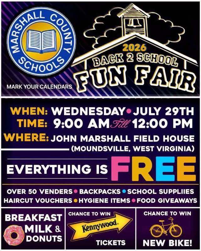 Back to School fun fair on July 29th from 9am to 12pm at John Marshall Field, West Virginia, with free food, vendors, and school supplies.