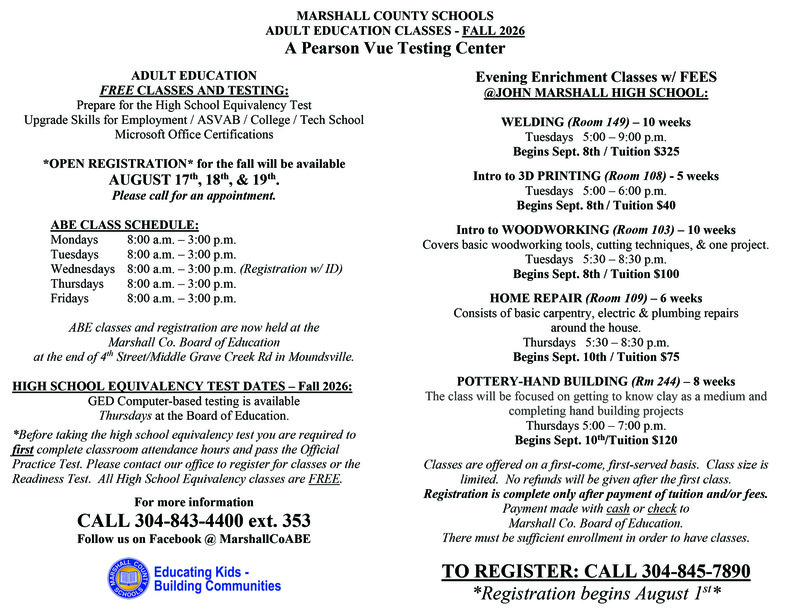 Adult education course offerings and class schedule for Marshall County Schools, including welding, adult basic education, and home repair classes.
