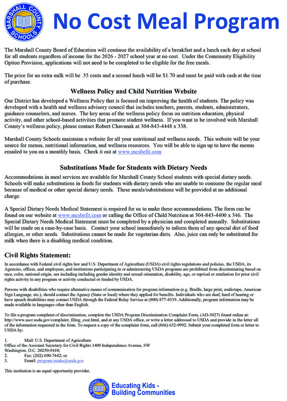 No Cost Meal Program; announcement from the Marshall County Board of Education about free breakfast and lunch program for students