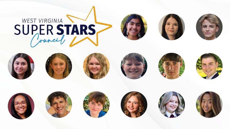 The image shows headshot portraits of several people, including men and women of various ages and ethnicities, labeled as "West Virginia Super Stars".