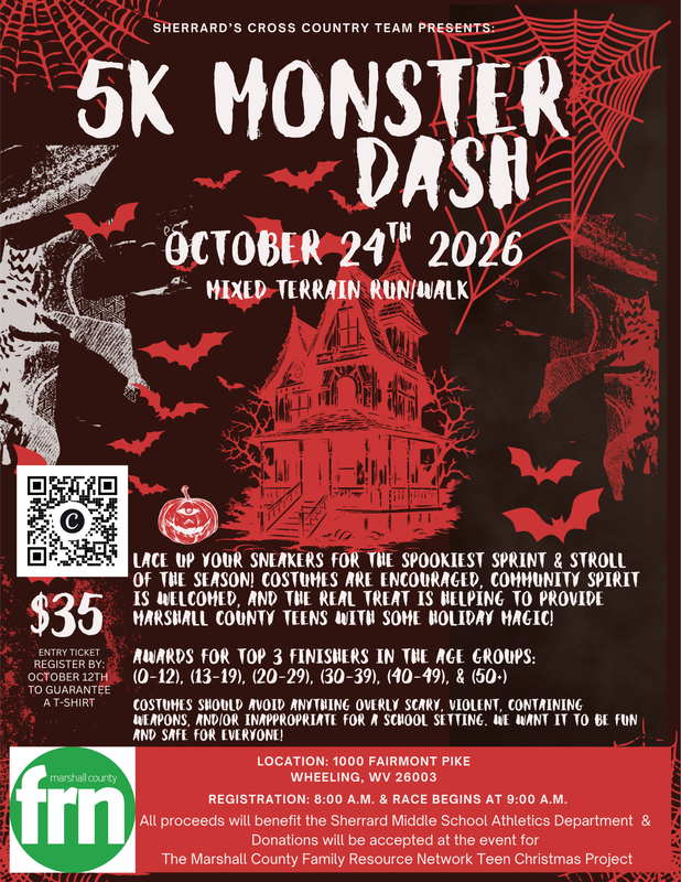 5K Monster Dash event poster: haunted house, bats, spider web, text about date, location, and registration details.