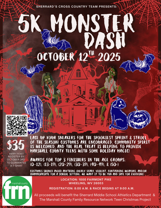 Spooky background with a castle and bats flying around a flyer that reads: The Sherrard Middle School Cross Country Team will host its inaugural 5K Monster Dash on Sunday, October 12, 2025. 