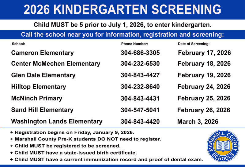 Infographic about 2026 kindergarten registration. For information about dates, times and locations, please call Karen Klamut at 304-843-4400, extension 309.
