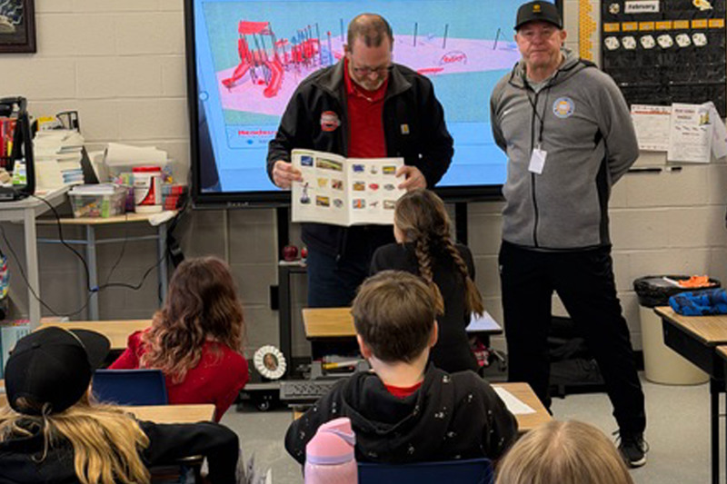 Students look at different design and equipment options for the school’s new playground project.