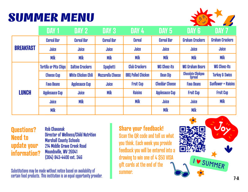 Summer Food Program menu A.