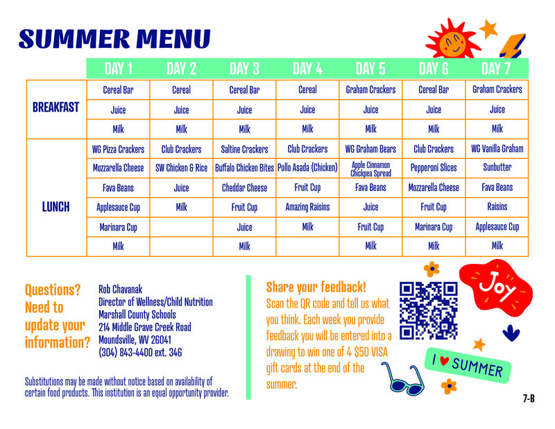 Summer Food Program menu B.