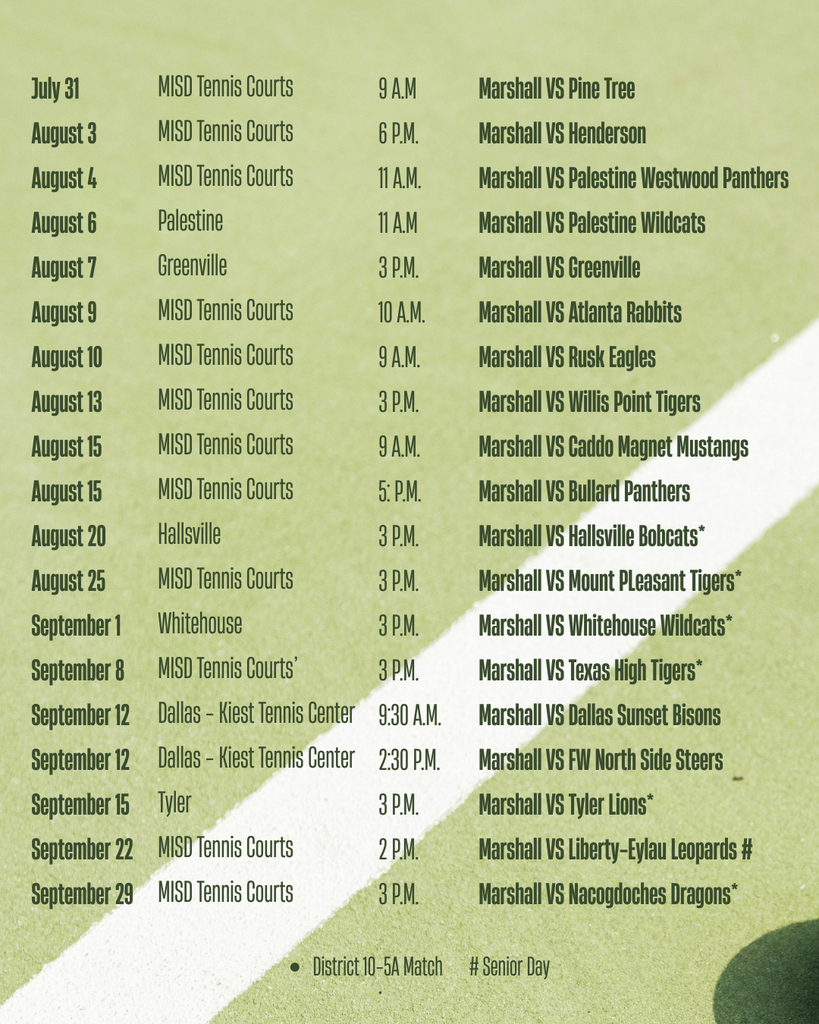 Rackets Up - It's Time for Tennis! This weeks game times, dates, and locations.
