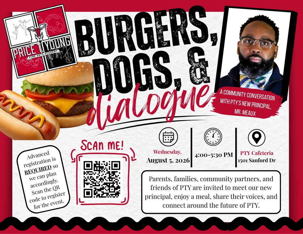 Join us at PTY for a fun event where you will meet our new principal, Mr. Meaux, enjoy a meal, and have meaningful conversations about the future of PTY.