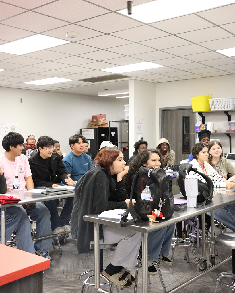 Captain Gaddis, with the Marshall Fire Department teaching our Culinary Arts students about fire safety in the kitchen.
