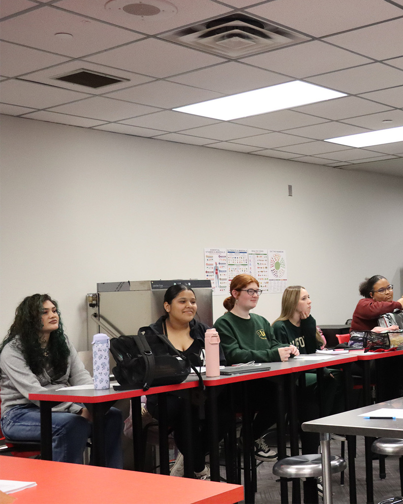 Captain Gaddis, with the Marshall Fire Department teaching our Culinary Arts students about fire safety in the kitchen.