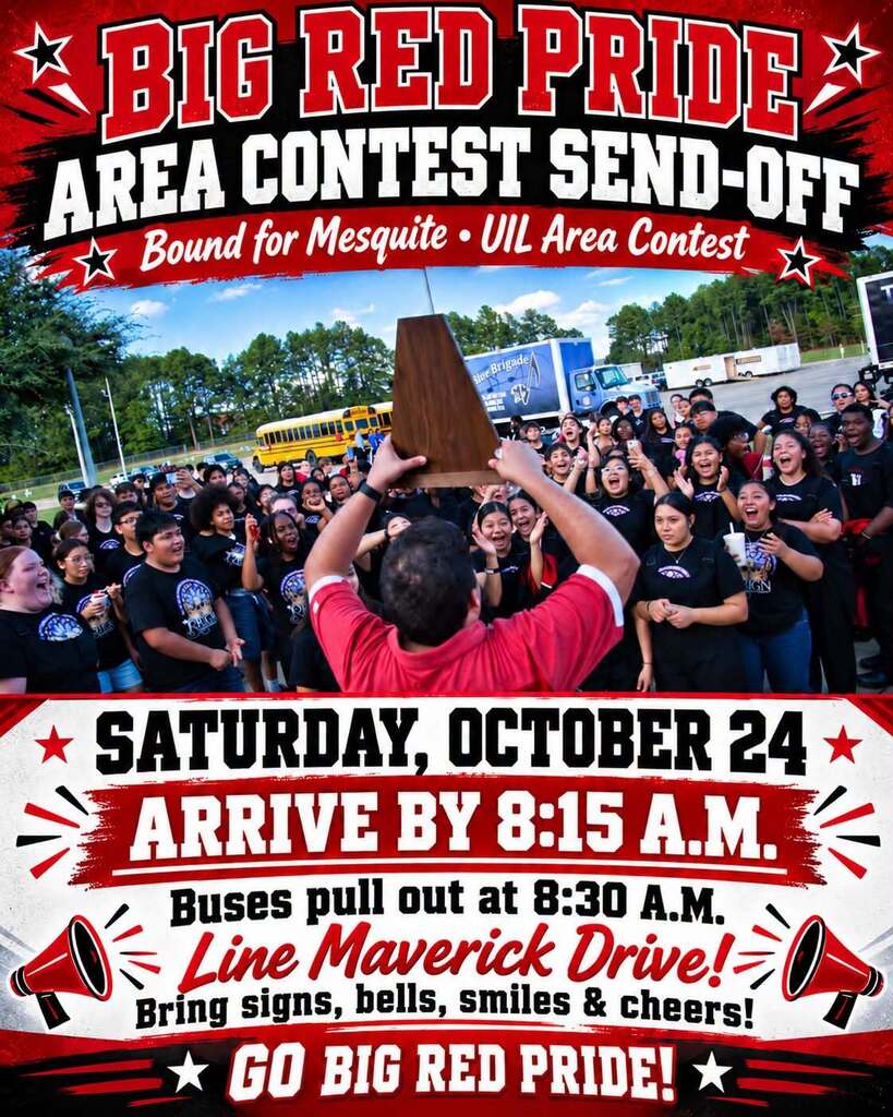 A large crowd of people wearing red shirts, holding signs and cheering. A man holds up a trophy.