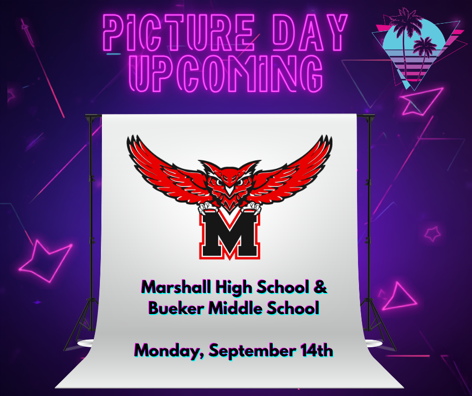 school picture day is upcoming for bueker middle school on monday, september 14th.  there is a picture of an owl on a backdrop for taking photos. 
