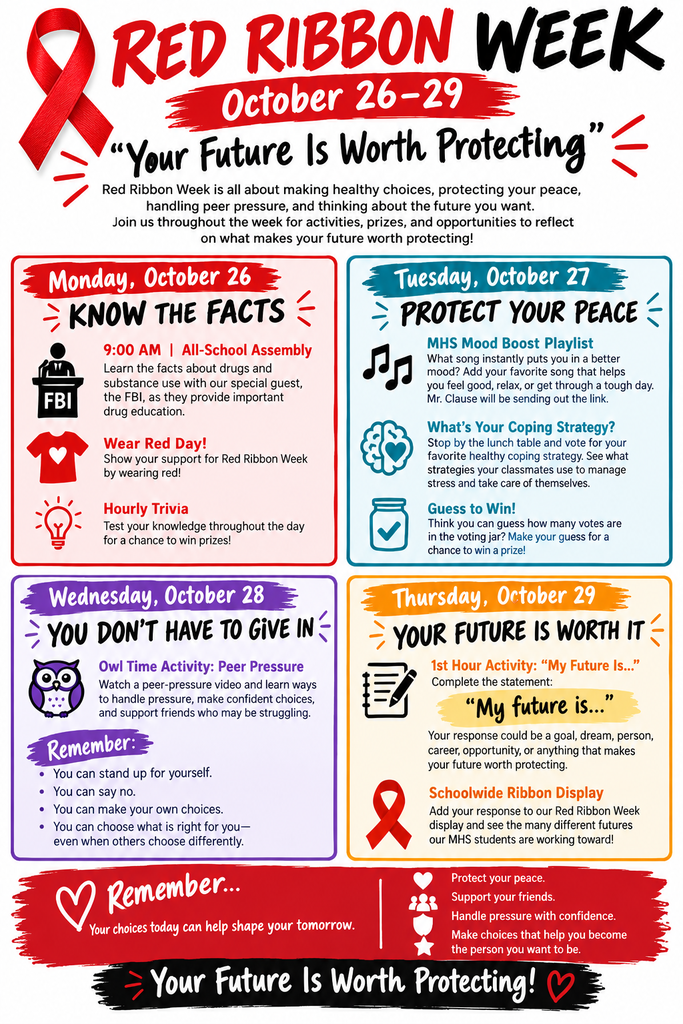 red ribbon week poster with daily activities
