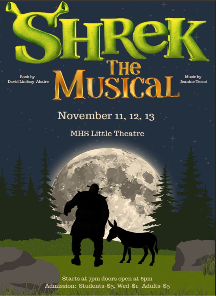 Shrek the Musical Poster; MHS Little Theatre on November 11, 12, and 13th at 7 PM