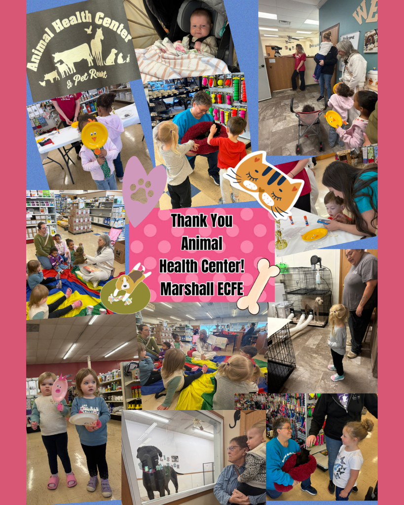 Collage of pictures of kids. In the middle it says "Thank you Animal Health Center! Marshall ECFE"